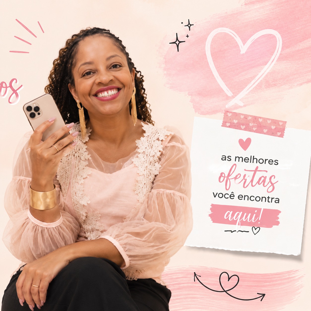 Cleide sorrindo e segurando um celular, ao lado da frase: as melhores ofertas você encontra aqui
